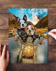 Personalized 2-pet puzzle featuring two dogs on a motorcycle, with hands assembling pieces.