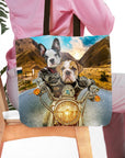 Personalized 2-pet tote bag featuring a French Bulldog and Bulldog puppy in motorcycle jackets on a custom portrait.