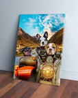 Custom pet canvas featuring three dogs in motorcycle gear riding a motorcycle on a scenic mountain road.
