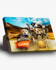 Personalized 5-pet standing canvas featuring dogs on a motorcycle with a sidecar, set against a scenic road.