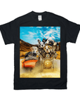 Black Gildan t-shirt with a custom graphic of five dogs riding a motorcycle and sidecar.