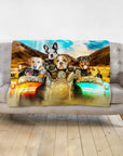 Personalized custom blanket with five dogs in a renaissance-style motorcycle portrait.