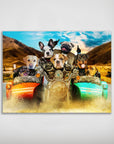 Personalized 'Harley Wooferson' 7-pet poster featuring dogs on a motorcycle with sidecars, matte finish.