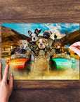 Personalized 7 pet puzzle featuring dogs on a motorcycle, with hands assembling pieces.