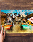 Personalized 8-pet puzzle featuring dogs in a "Harley Wooferson" style, on a wooden surface.