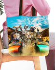 Personalized pet portrait tote bag featuring 8 dogs in a "Harley Wooferson" biker style.
