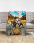 Personalized pet blanket with a bulldog in a leather jacket on a motorcycle, set against a mountain landscape.