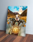 Custom pet canvas art featuring a bulldog in a leather jacket riding a motorcycle against a mountain sunset.
