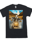 Black Gildan t-shirt with a bulldog wearing a leather jacket riding a motorcycle on a scenic road.