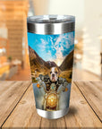 Personalized stainless steel tumbler with a custom bulldog pet portrait riding a motorcycle.