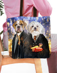 Personalized Harry Dogger 2-pet tote bag with custom dog portraits in wizard robes.