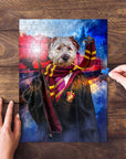 Personalized Harry Dogger pet puzzle featuring a dog in wizard robes, being assembled on wood.