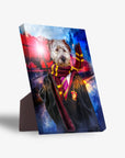 Personalized 'Harry Dogger' standing canvas featuring a white dog in a wizard robe, glasses, and striped scarf, holding a glowing wand.