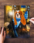 Personalized pet puzzle featuring a Cavalier King Charles Spaniel in a wizard robe and blue scarf.