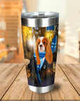Personalized stainless steel tumbler with a Cavalier King Charles Spaniel in a wizard robe and blue scarf.