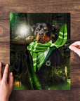 Personalized Harry Dogger (Slytherawr) pet puzzle featuring a Rottweiler in a green scarf and robe.