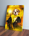 Personalized "Harry Dogger (Wooflepuff)" canvas featuring a bulldog in a black robe and yellow scarf, holding a glowing wand.