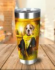 Personalized stainless steel tumbler with a bulldog pet portrait as "Harry Dogger (Wooflepuff)" in a wizard robe.