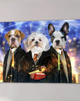 Custom 3-pet canvas featuring a bulldog, Shih Tzu, and Boston Terrier in wizard robes with a magical blue and gold background.