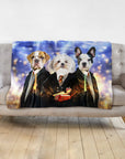 Custom personalized blanket with three dogs in Harry Potter-style robes.
