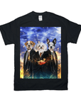Black Gildan t-shirt with a personalized graphic of three dogs dressed in wizard robes.