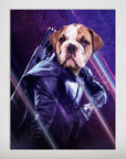 Personalized "Hawkeye Doggo" pet poster featuring a bulldog's head on a superhero body with a bow.