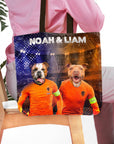 Personalized Holland Doggos tote bag featuring two custom pet portraits of a bulldog and pitbull in orange soccer jerseys.
