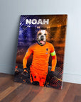 Personalized pet canvas featuring a bulldog in an orange Holland soccer uniform with "NOAH" above.