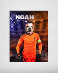 Personalized bulldog pet poster in an orange Holland soccer jersey with "NOAH" at the top.