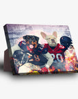 Personalized standing canvas featuring two dogs in football uniforms against a stadium backdrop.