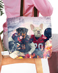 Personalized 'Houston Doggos' tote bag with custom portraits of two dogs in football uniforms.