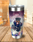 Personalized stainless steel tumbler with a custom dog portrait in a football uniform, named "Apollo.
