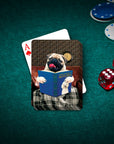Custom personalized playing card featuring a pug dog portrait reading a book, on a green poker table.