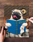 Personalized pet puzzle featuring a pug reading "How to Pick Up Bitches" with a poodle, on a wooden table.
