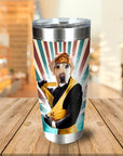 Personalized stainless steel tumbler with a dog in a superhero costume against a striped background.