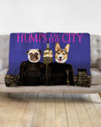 Custom personalized pet portrait blanket featuring a pug and corgi in "Humps in the City" design on a purple background.
