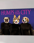 Personalized 'Humps in the City' canvas with a pug, corgi, and beagle on a purple city skyline background.