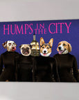 Personalized "Humps in the City" canvas featuring four pets in black turtlenecks against a purple NYC skyline.