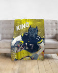 Personalized pet blanket with a black dog in a football uniform, "KING" text, and stadium background.