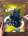 Personalized pet puzzle featuring a black dog in a football uniform, with "KING" text.
