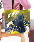Personalized tote bag with a custom pet portrait of a black dog in a football uniform, "KING" text.