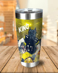 Personalized stainless steel tumbler with a custom dog portrait as a football player, "KING" text, and yellow stadium background.