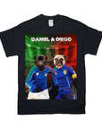 Black Gildan t-shirt with two pugs in blue Italian soccer jerseys, personalized with "DANIEL & DIEGO".