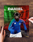 Personalized pet puzzle featuring a Brussels Griffon dog in an Italy soccer uniform, with a red and green background.