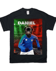 Black Gildan t-shirt with a personalized design featuring a pug in an Italian soccer uniform.
