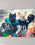 Personalized canvas featuring two dogs in Jacksonville Doggos football uniforms, one black and one cream, with a fiery background.