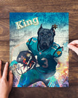 Personalized Jacksonville Doggos pet puzzle featuring a black dog in a football uniform.