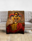 Personalized pet blanket with a boxer dog in a renaissance jester portrait.