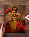 Personalized Jester Doggo pet puzzle featuring a boxer dog in a jester costume.