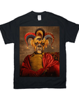Black Gildan t-shirt featuring a personalized pet portrait of a dog dressed as a jester in a red robe.